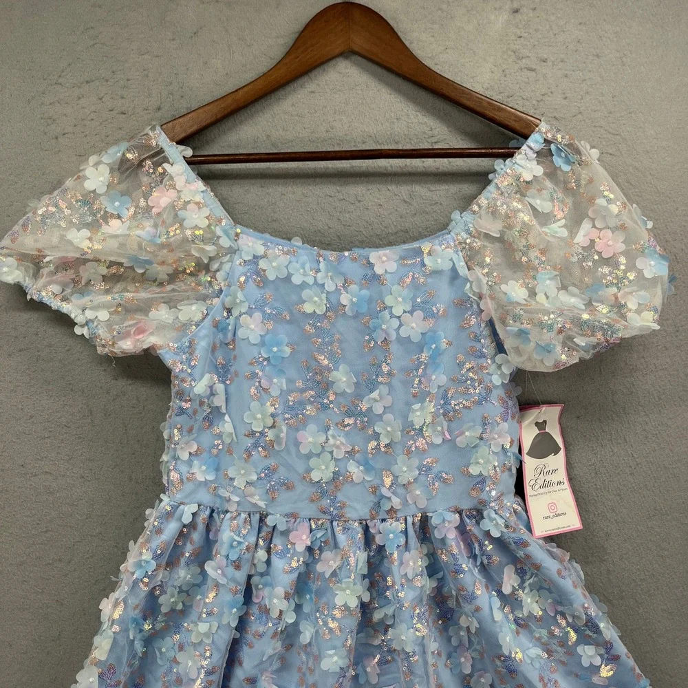 Rare Editions Dress Girls 16 Light Blue Floral Applique Sequin Party Formal NWT